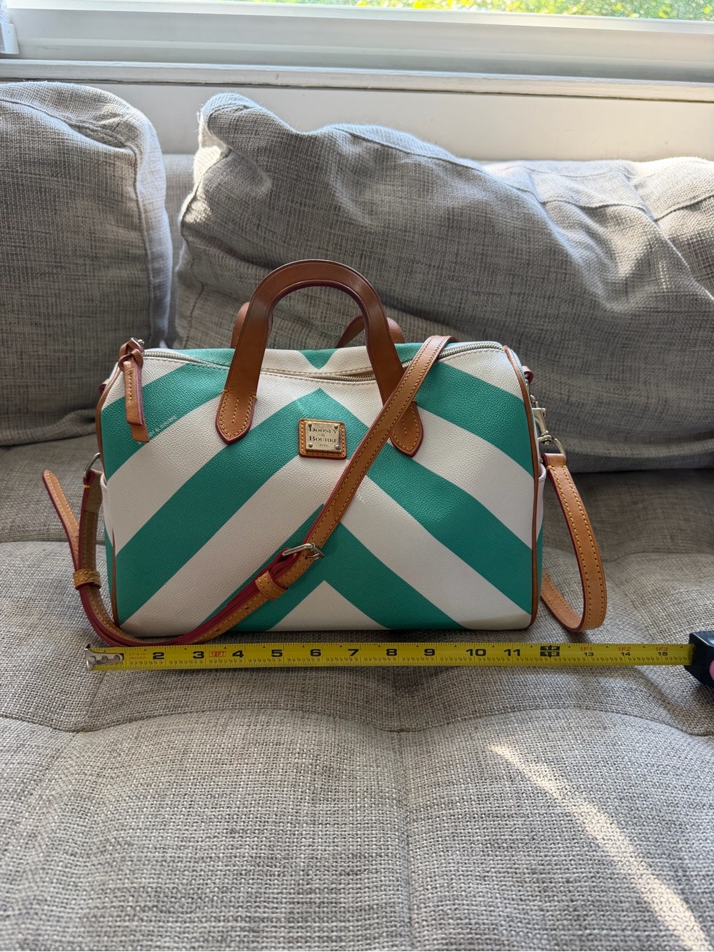 Dooney & Bourke Leather Teal and White Striped Satchel with Vechetta Tan Trim